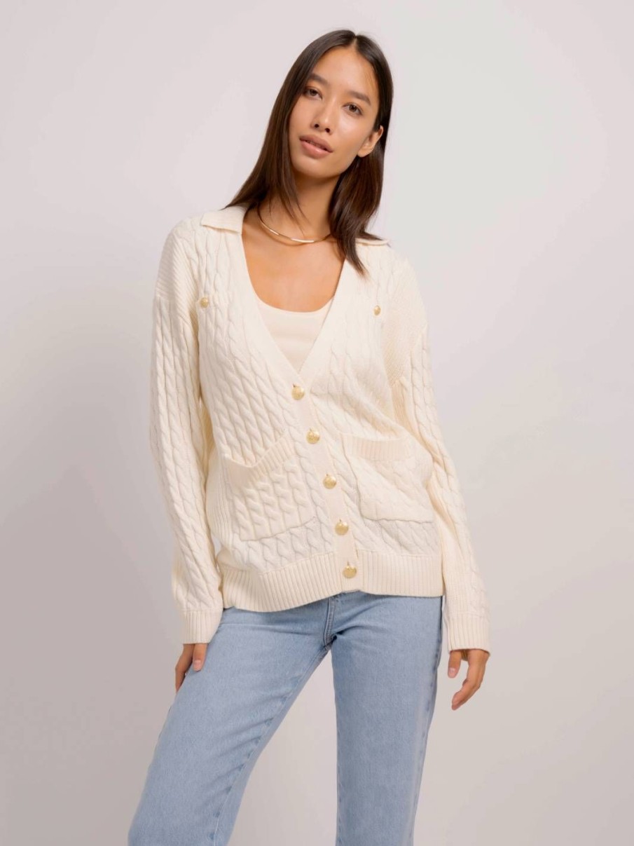 Central Park West Dawson Nautical Cable Collared Cardigan