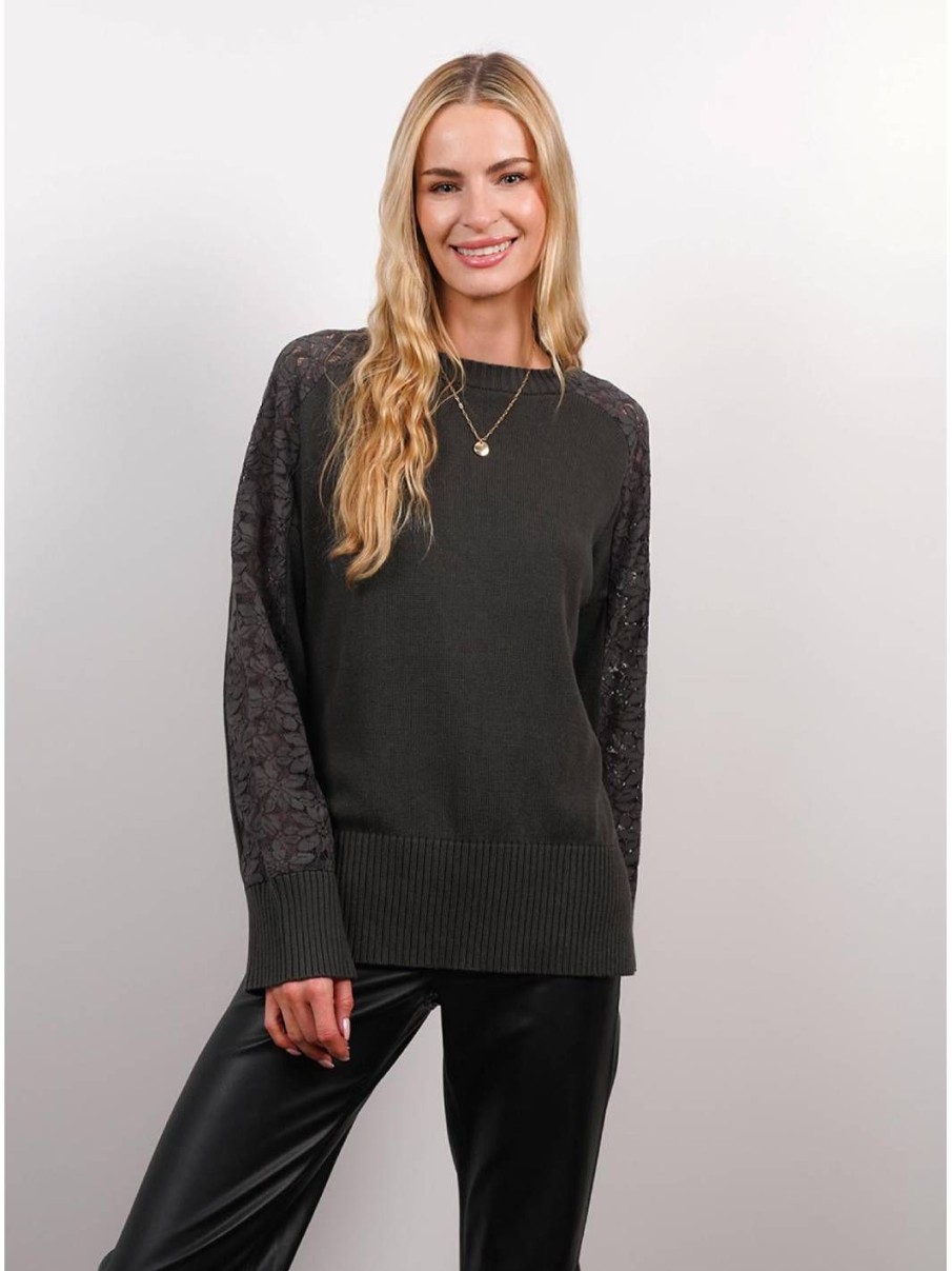 Central Park West Briar Lace Stripe Sleeve Crew Neck